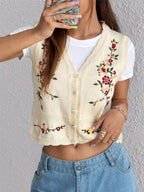 Chic Embroidered Button-Up Sweater Vest – Layer for Every Season