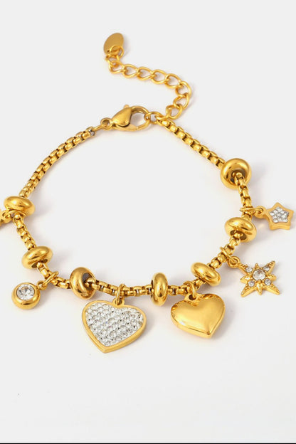 18K Gold-Plated Titanium Steel Heart Charm Bracelet with Zircon