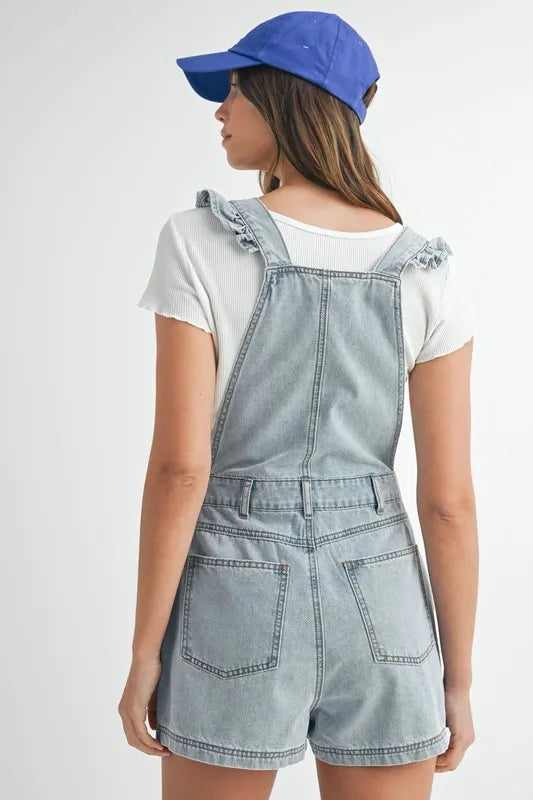 MABLE Ruffle Denim Overall Romper - Square Neck Style