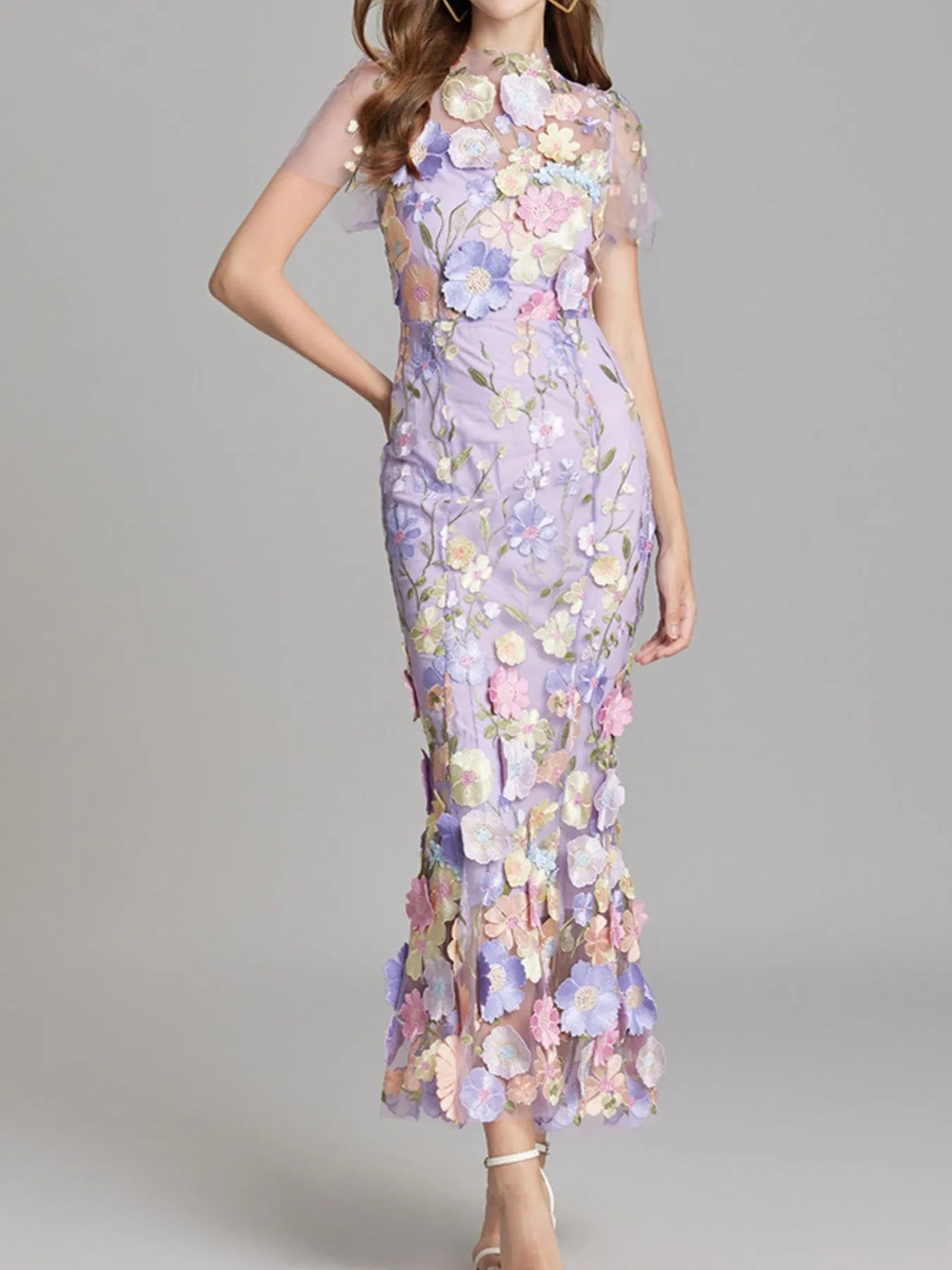 Embroidered Mesh Overlay Maxi Dress – Lined Evening Wear with Zipper Closure