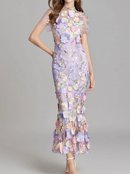 Embroidered Mesh Overlay Maxi Dress – Lined Evening Wear with Zipper Closure