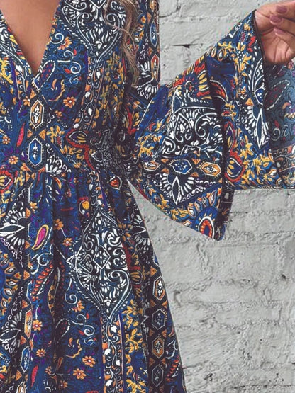 Paisley Print V-Neck Ruffled Flounce Sleeve Dress