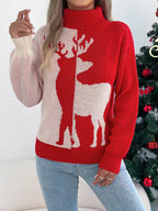 Cozy Christmas Reindeer Ribbed Turtleneck Sweater