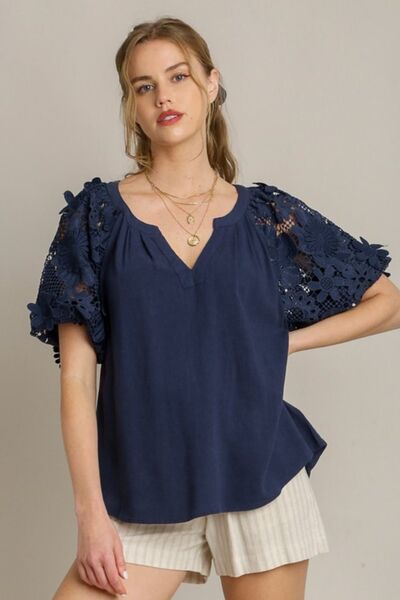 Umgee Full-Size French Terry Boxy Top with 3D Floral Sleeves Dark Navy