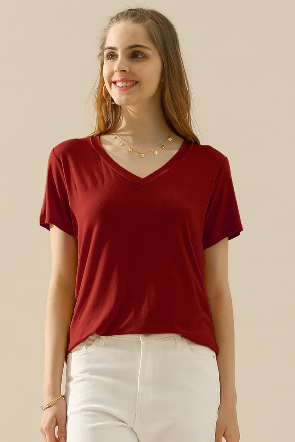 Ninexis Full-Size V-Neck Short-Sleeve T-Shirt Burgundy