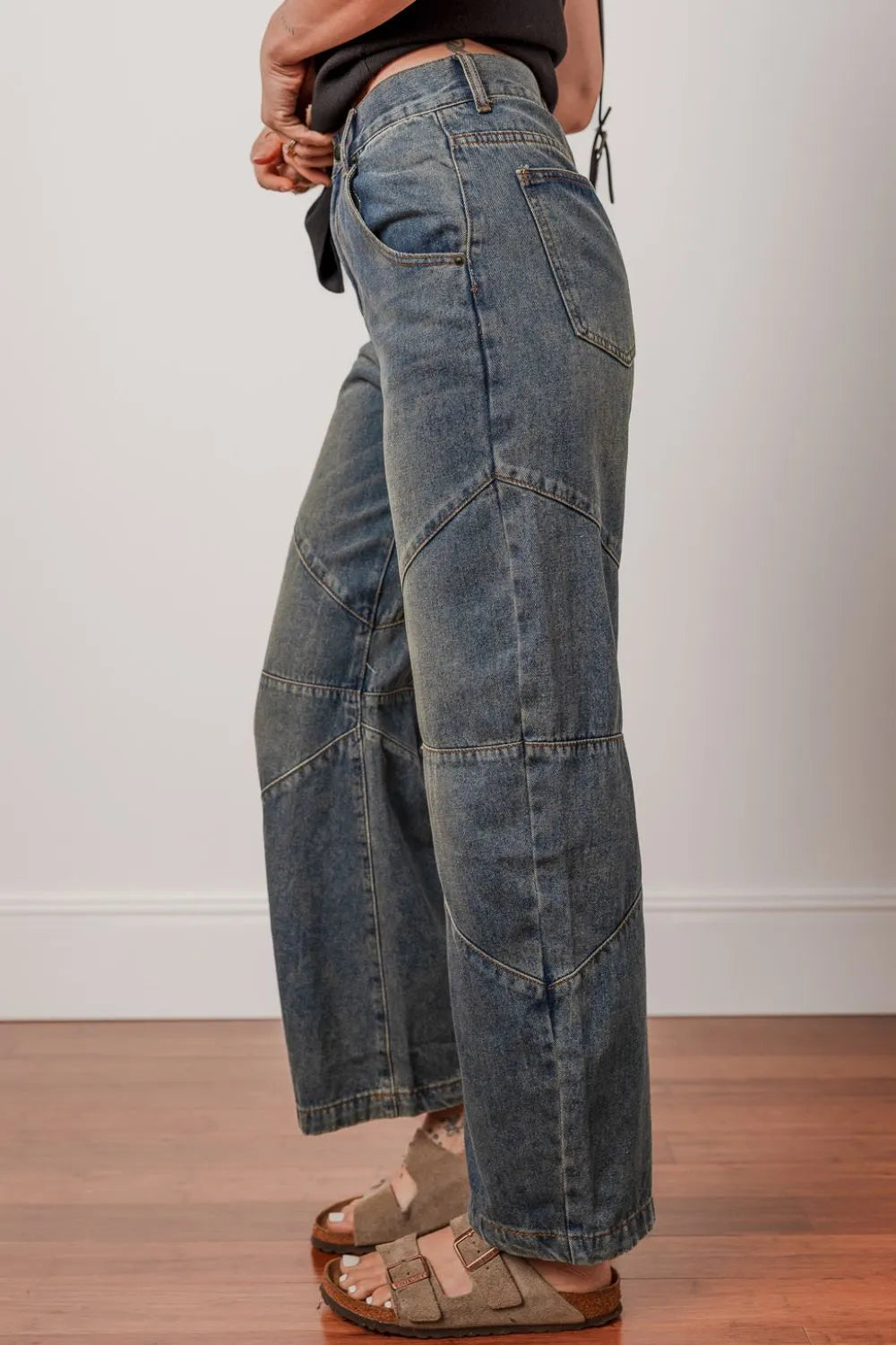 Exposed Stitching High Waist Straight Leg Jeans