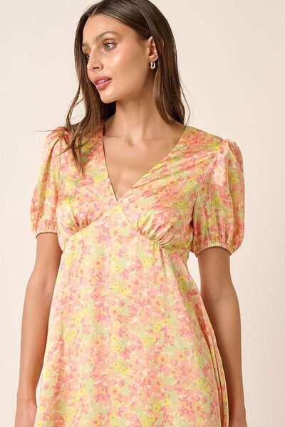 Mittoshop Printed V-Neck Puff Sleeve Mini Dress