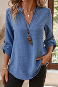 Classic Roll-Up Sleeve Notched Collar Blouse with Pocket Detail Dusty Blue