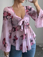Floral Tie-Front Flare Sleeve Blouse