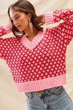SO ME Color Block Textured V-Neck Christmas Sweater Top