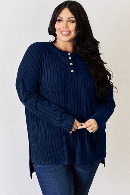 Basic Bae Ribbed Half Button Long Sleeve High-Low T-Shirt