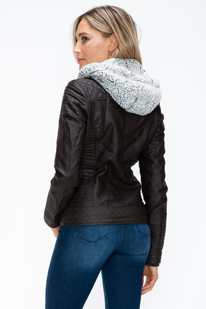 YMI Faux Layered Double-Zipper Jacket with Cozy Fuzzy Hood