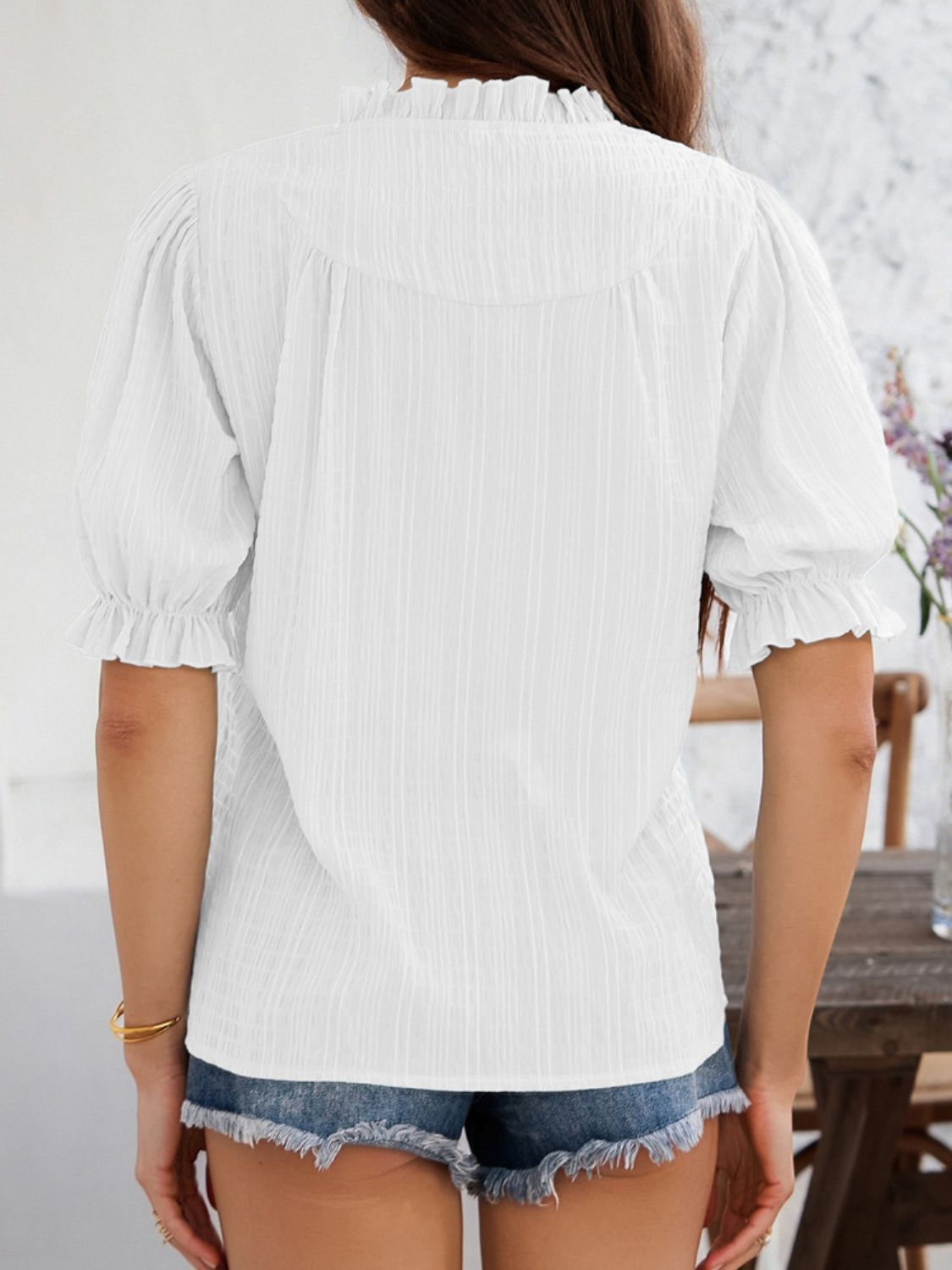 Devine Frill Notched Short Sleeve Blouse - Elegant & Chic