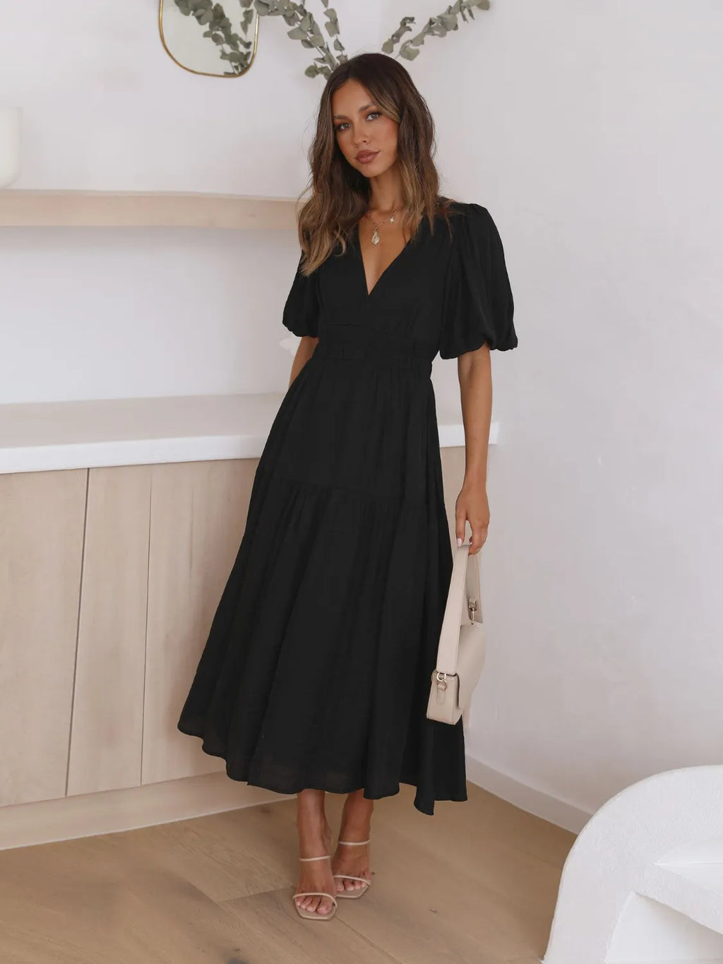 Tiered Surplice Midi Dress with Half Sleeves