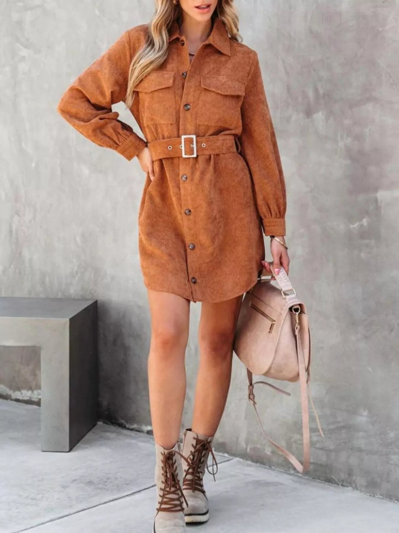 Button Front Belted Corduroy Dress with Pockets