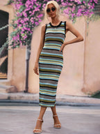 CoastEase Striped Sleeveless Round Neck Cover-Up Midi Dress