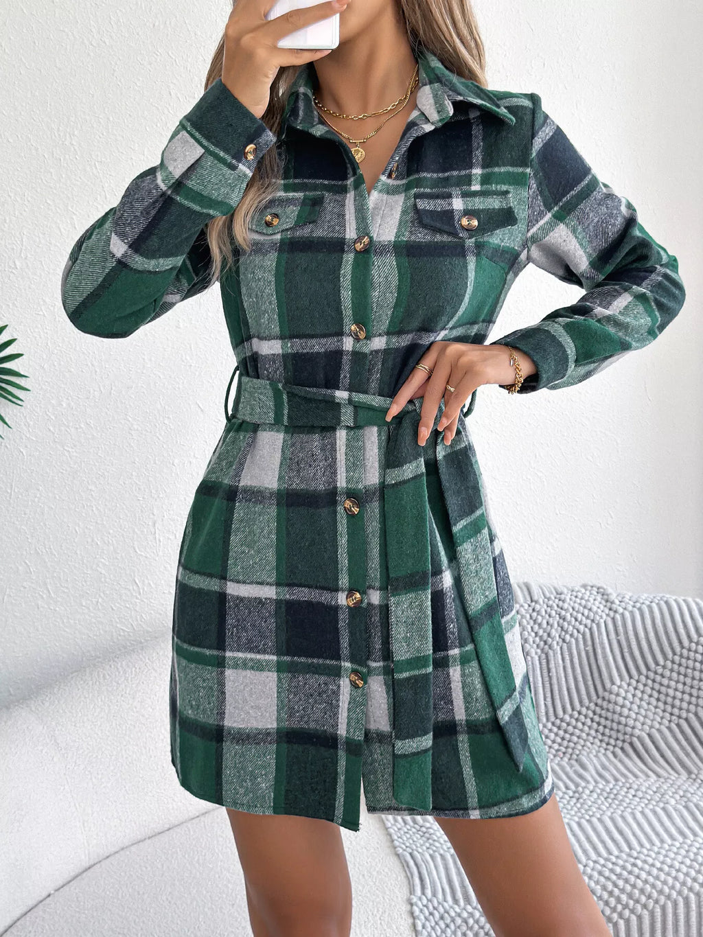 Plaid Button-Front Tie Waist Shirt Dress