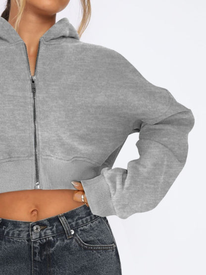 Zip-Up Long Sleeve Hooded Cropped Jacket