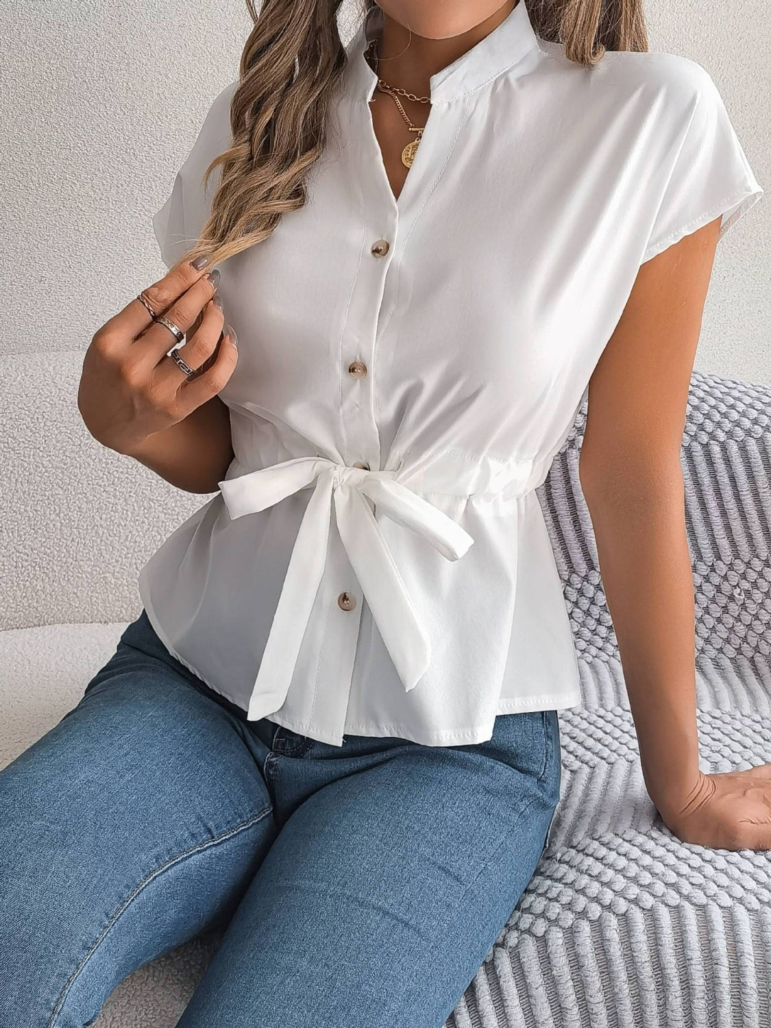 Notched Short Sleeve Blouse - Chic & Versatile White