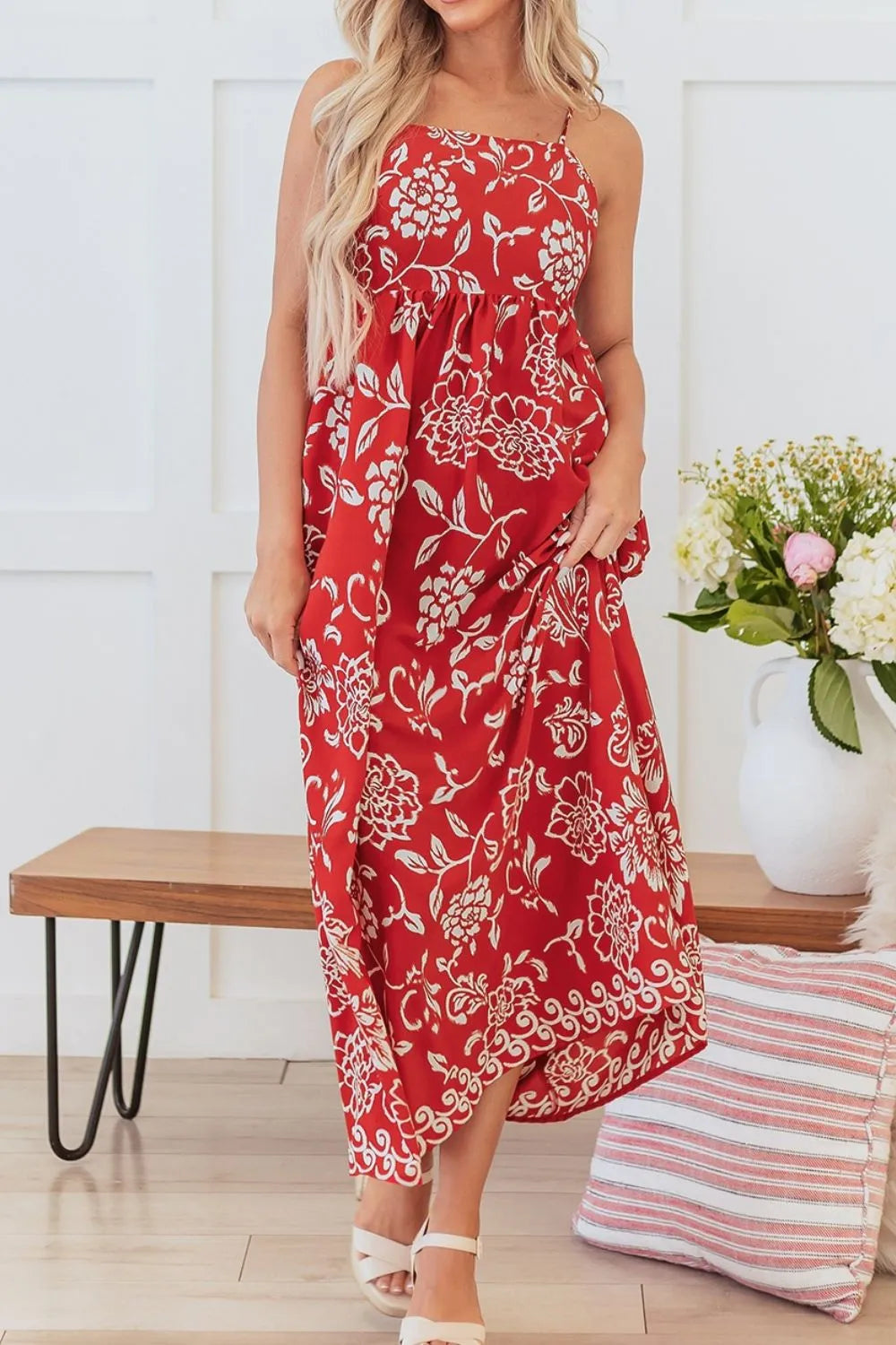 Floral Print Spaghetti Strap Empire Waist Maxi Dress