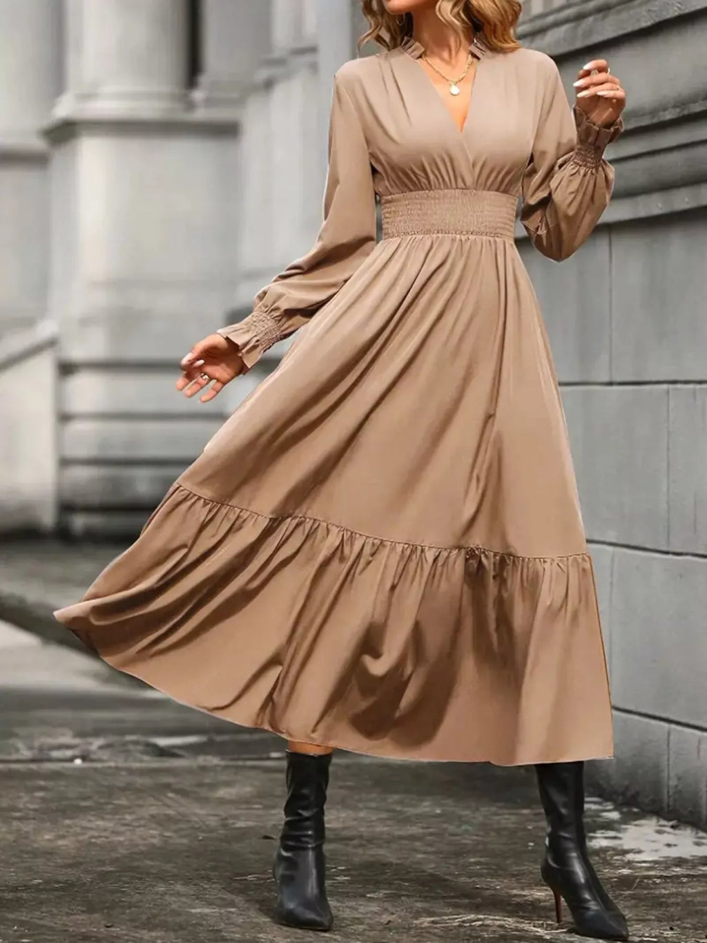 Elegant Ruched Surplice Long Sleeve Tiered Midi Dress