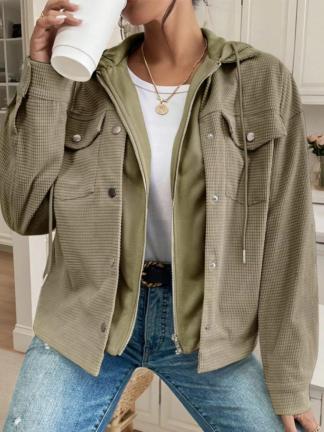 Thermal Knit Hooded Zipper Jacket with Drawstring