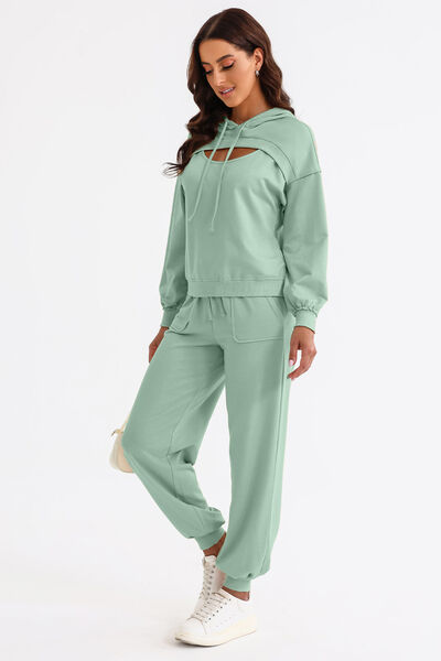 Cutout Drawstring Hoodie and Joggers Active Set Light Green