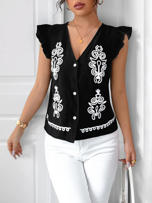 V-Neck Cap Sleeve Shirt Black