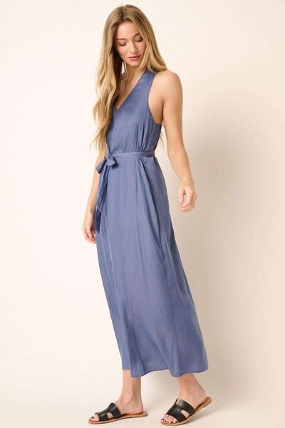 Mittoshop Cross Back Belted V-Neck Tank Maxi Dress