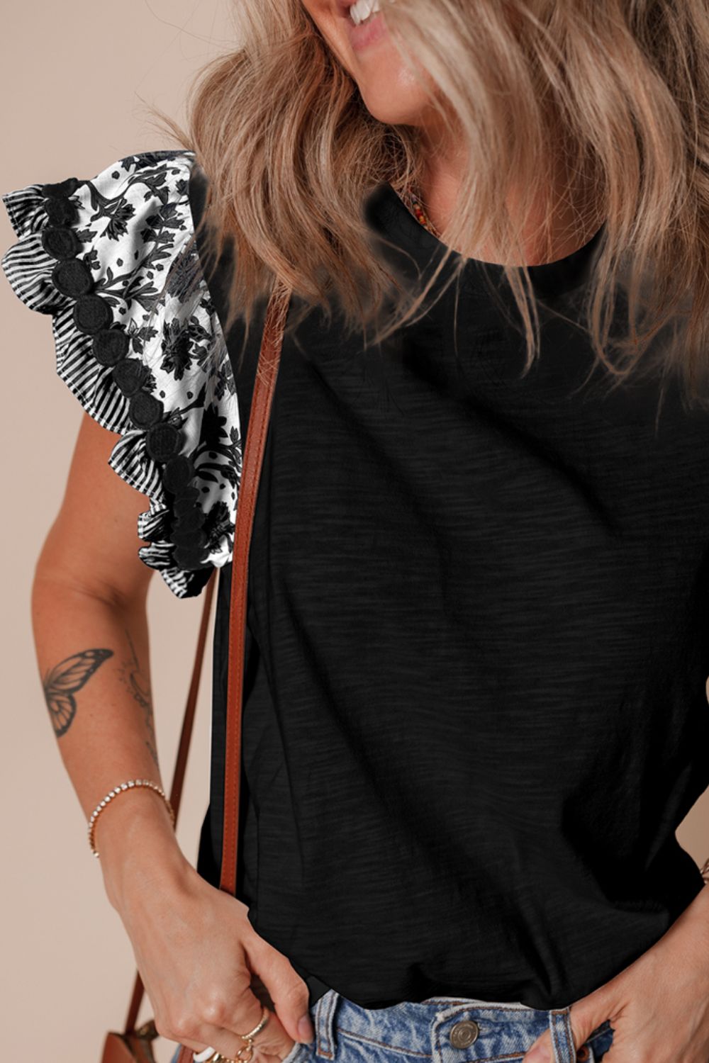 Round Neck Printed Ruffled Cap Sleeve Blouse - Chic & Feminine