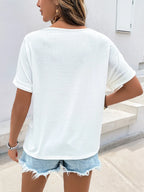 Embroidered Contrast V-Neck Short Sleeve Top - Chic & Versatile