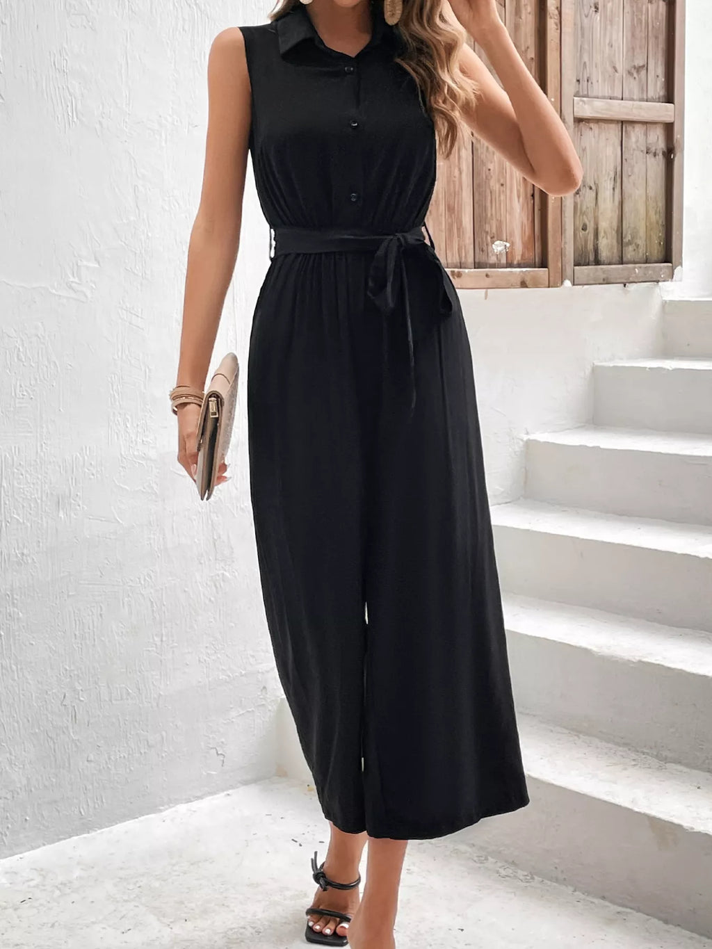 Chic Sleeveless Buttoned Wide Leg Jumpsuit