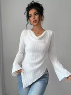 Asymmetrical Cowl-Neck Ribbed Knit Top