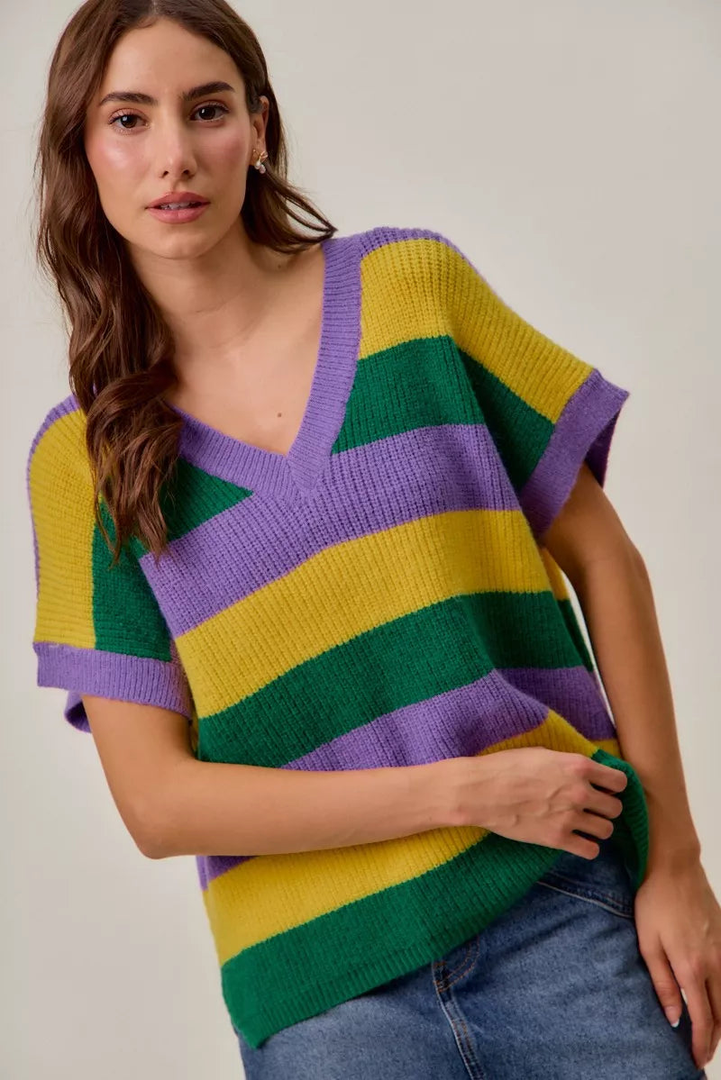 SO ME Mardi Gras Loose-Fit V-Neck Striped Sweater Top