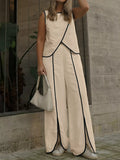 Contrast-Trim Top & Wide-Leg Pants Co-Ord Set Tan