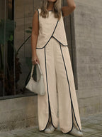 Contrast-Trim Top & Wide-Leg Pants Co-Ord Set Tan