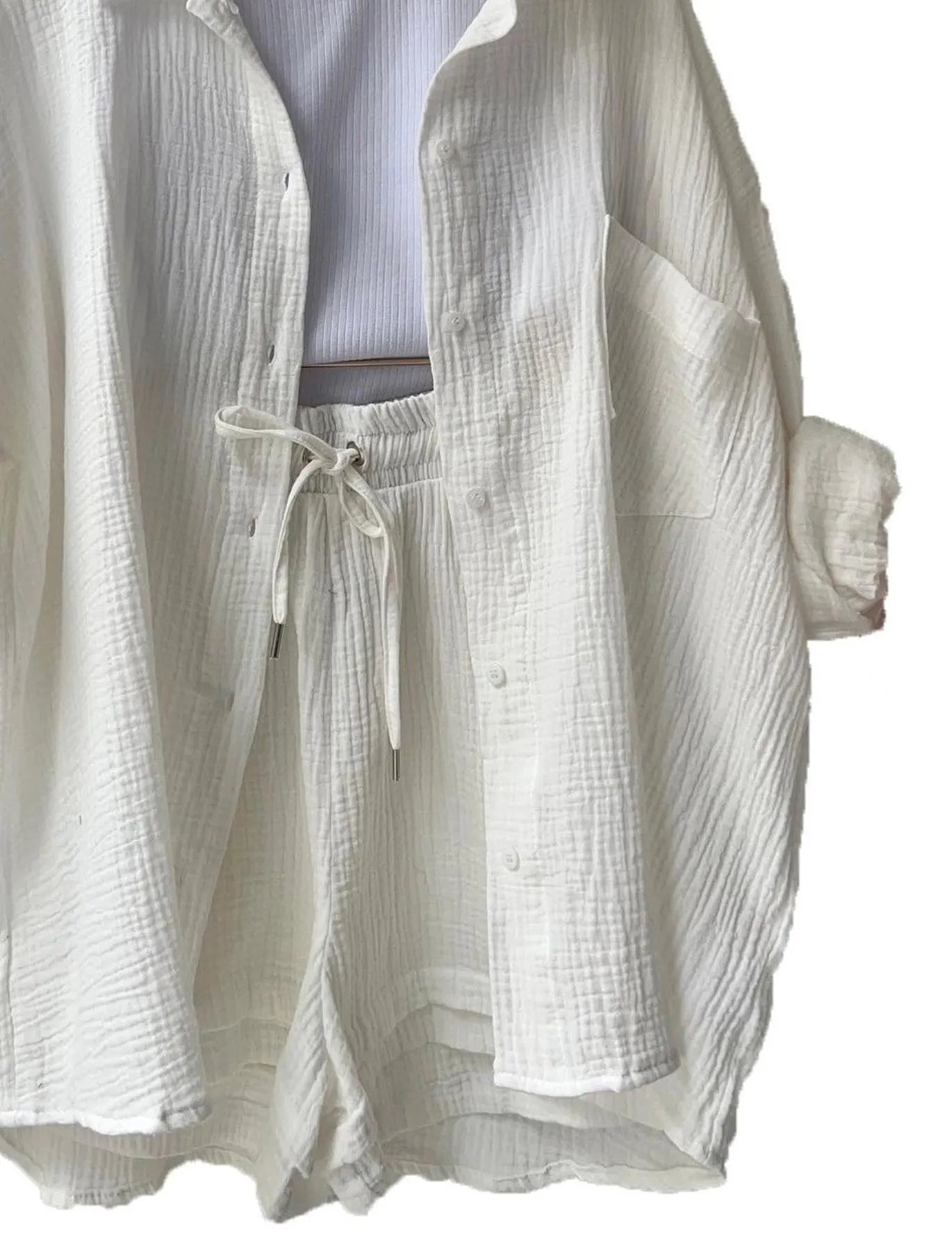 Chic Textured Button-Up Shirt & Shorts Two-Piece Set