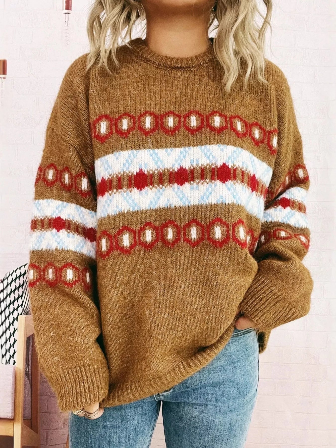 Contrast Color Round Neck Drop Shoulder Sweater Khaki One size