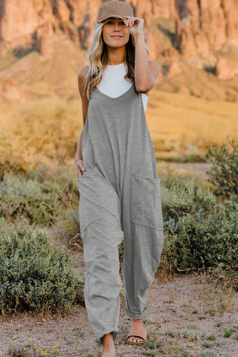 Double Take Full Size V-Neck Sleeveless Jumpsuit with Pockets Light Gray