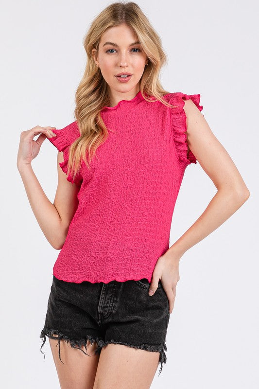 Ces Femme Textured Mock Neck Ruffle Cap Sleeve Blouse Fuchsia