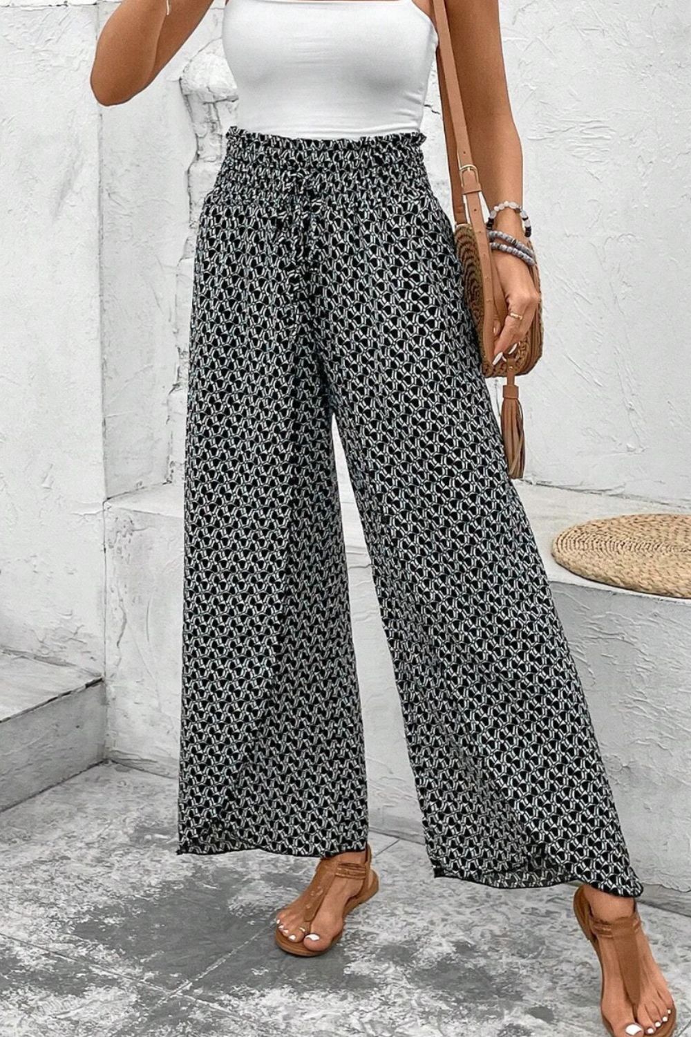 Slit Printed Wide-Leg Pants - Trendy & Flowy Statement Piece Black
