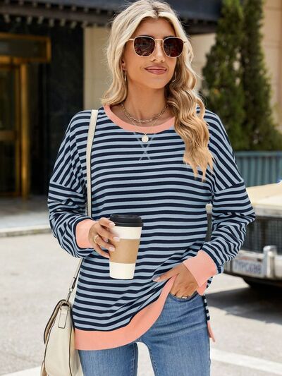 Chic Striped Slit Detail Long Sleeve Sweatshirt