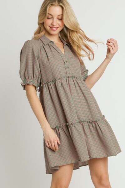 Umgee Full Size Plaid Frill Button Detail Ruffled Short Sleeve Dress GREEN PINK