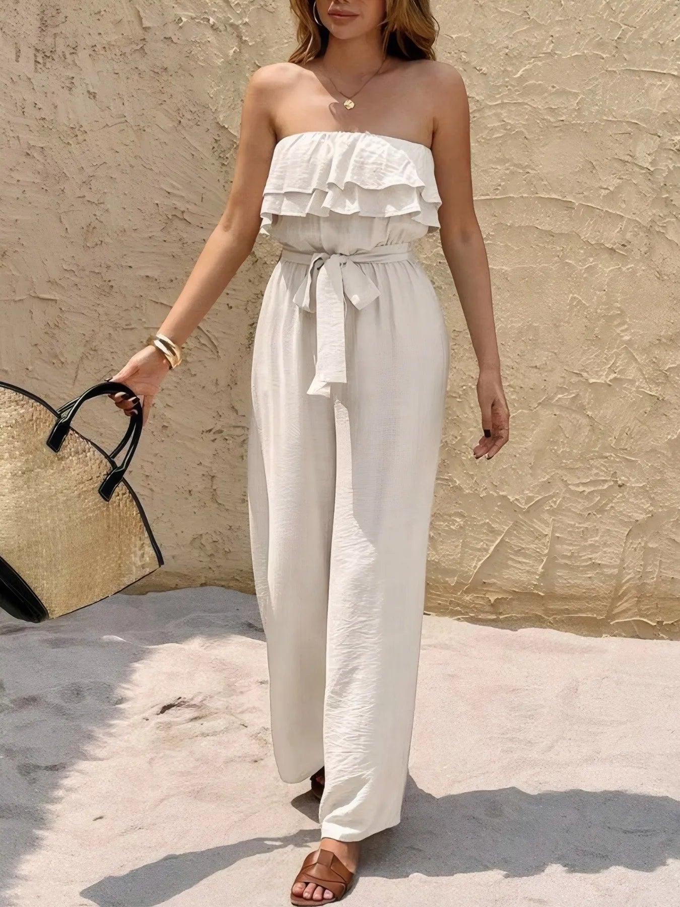 Off-Shoulder Ruffled Layered Belted Wide Leg Jumpsuit
