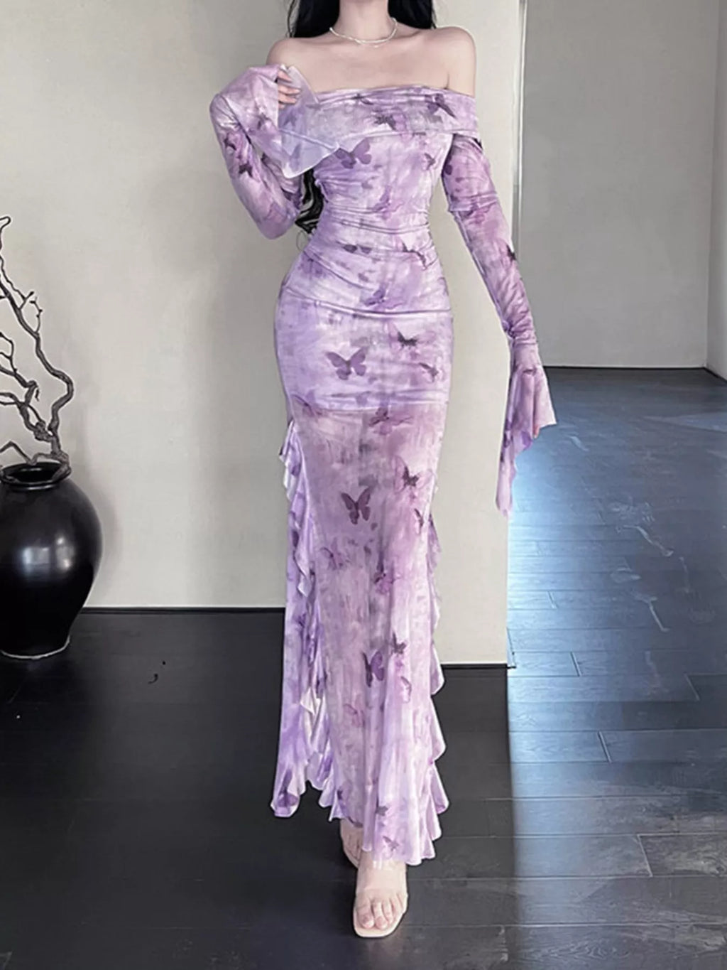 Butterfly Print Off-Shoulder Mesh Mermaid Dress