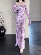Butterfly Print Off-Shoulder Mesh Mermaid Dress