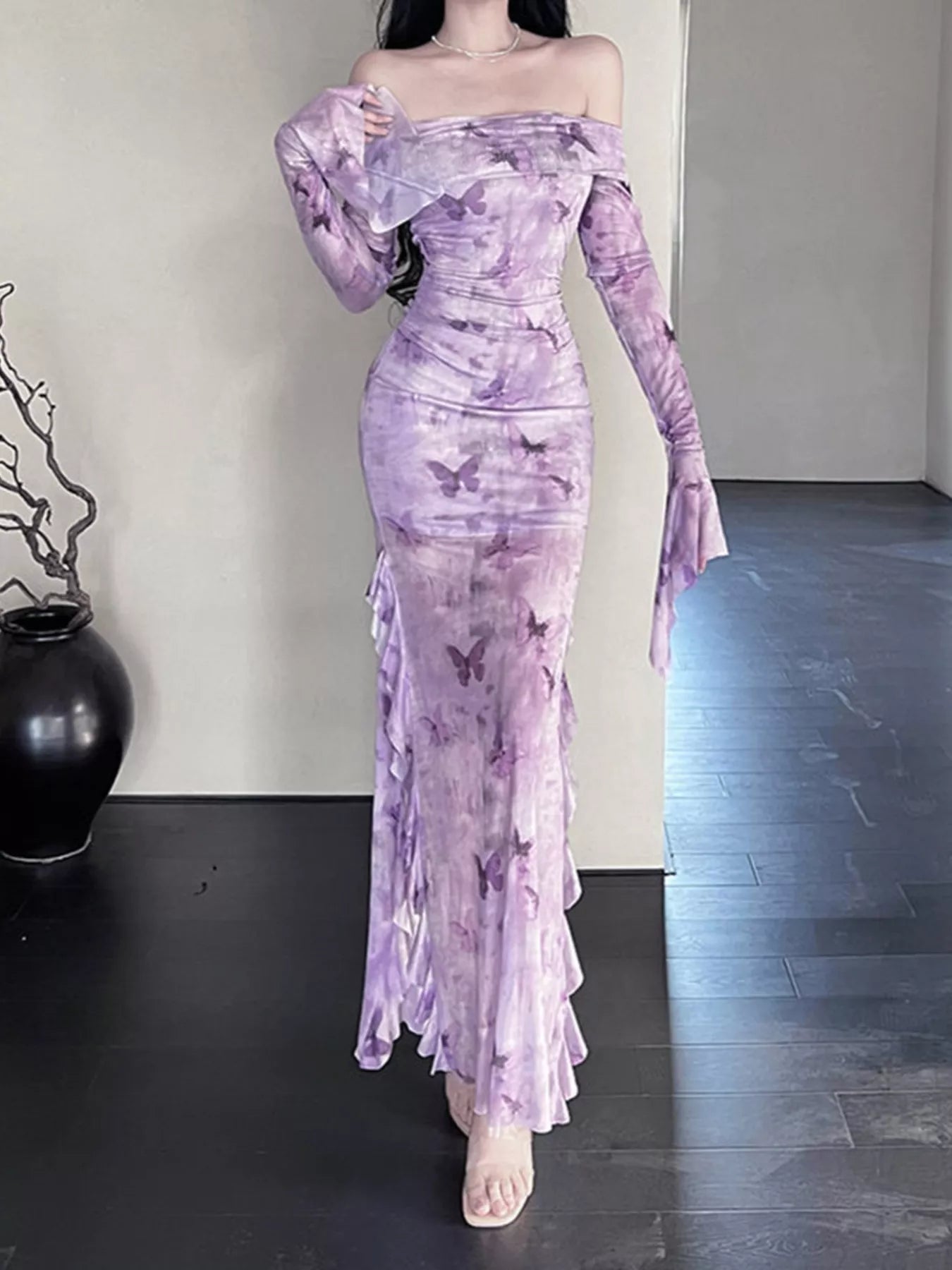 Butterfly Print Off-Shoulder Mesh Mermaid Dress