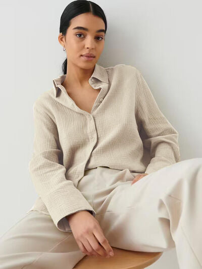 Textured Long Sleeve Collared Shirt - 100% Cotton Beige