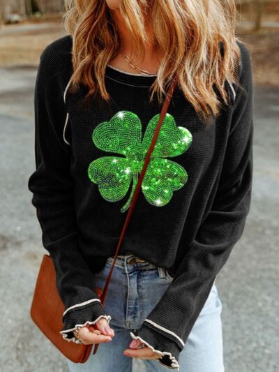 Sequin Lucky Clover Lettuce Trim Long Sleeve Top Black