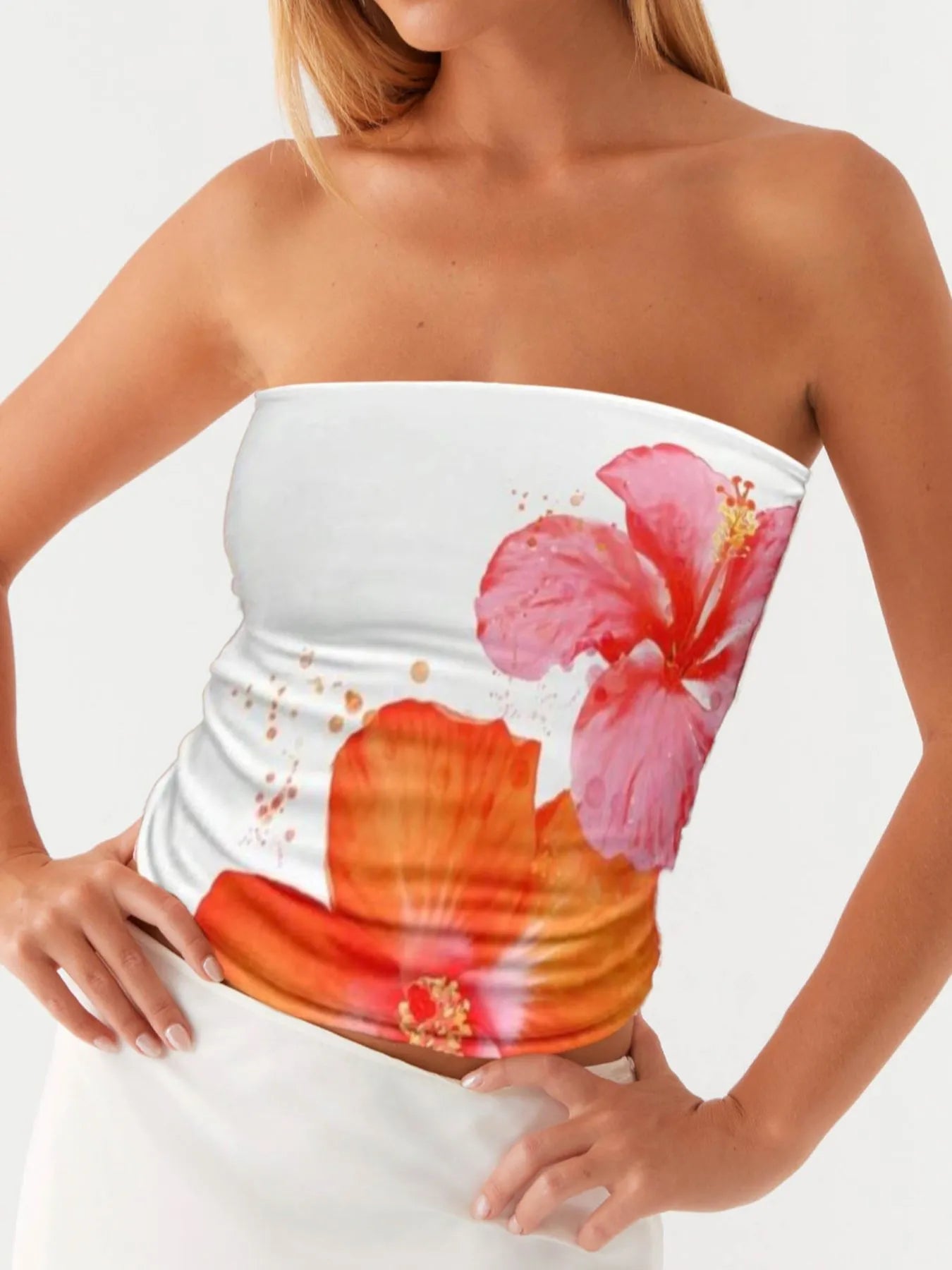 Floral Strapless Tube Top with Stretch Fit â€“ Sleek Summer Essential White